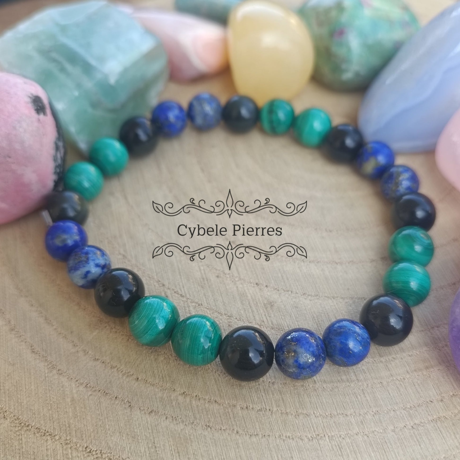 Bracelet Le guide - Obsidienne Oeil Céleste, Lapis - Lazuli et Malachite (8mm) - 19cm - Cybele Pierres
