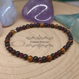 Bracelet Libération Profonde - Oeil de tigre, Grenat facetté et Onyx (3 et 4mm) - 18cm - Cybele Pierres