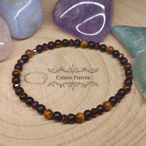 Bracelet Libération Profonde - Oeil de tigre, Grenat facetté et Onyx (3 et 4mm) - 18cm - Cybele Pierres