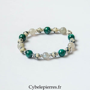 Bracelet L’Interdit – Malachite, Labradorite et Jaspe Dalmatien (6 et 8 mm) – 18 cm | Protection, Confiance et Transformation - Cybele Pierres