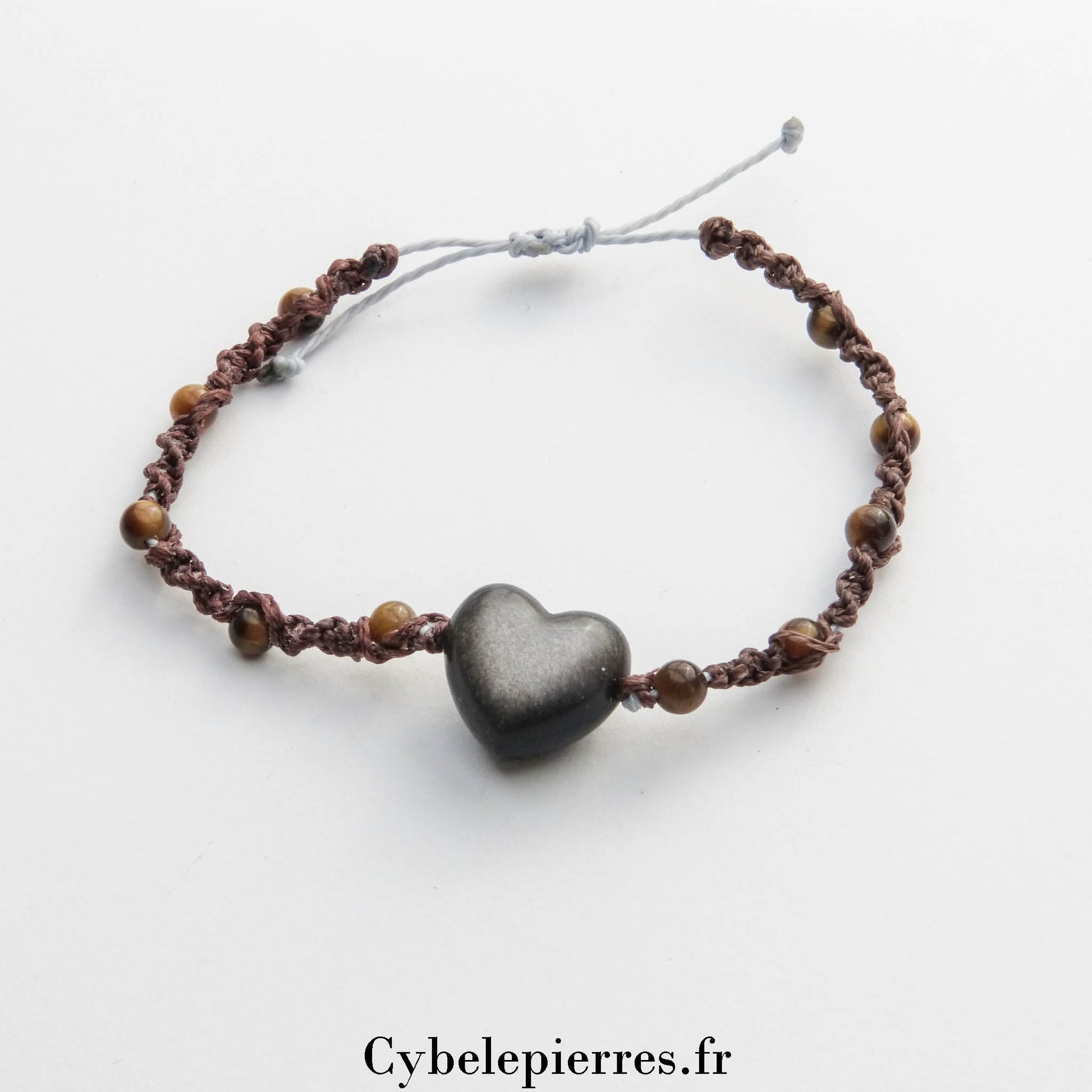 Bracelet macramé Œil de Tigre (4mm) et Cœur en Obsidienne Argentée (2cm) | Protection et Stabilité - Cybele Pierres
