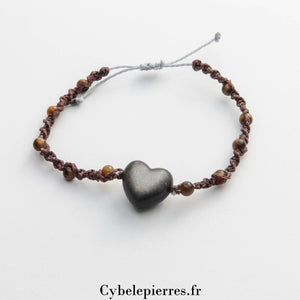 Bracelet macramé Œil de Tigre (4mm) et Cœur en Obsidienne Argentée (2cm) | Protection et Stabilité - Cybele Pierres
