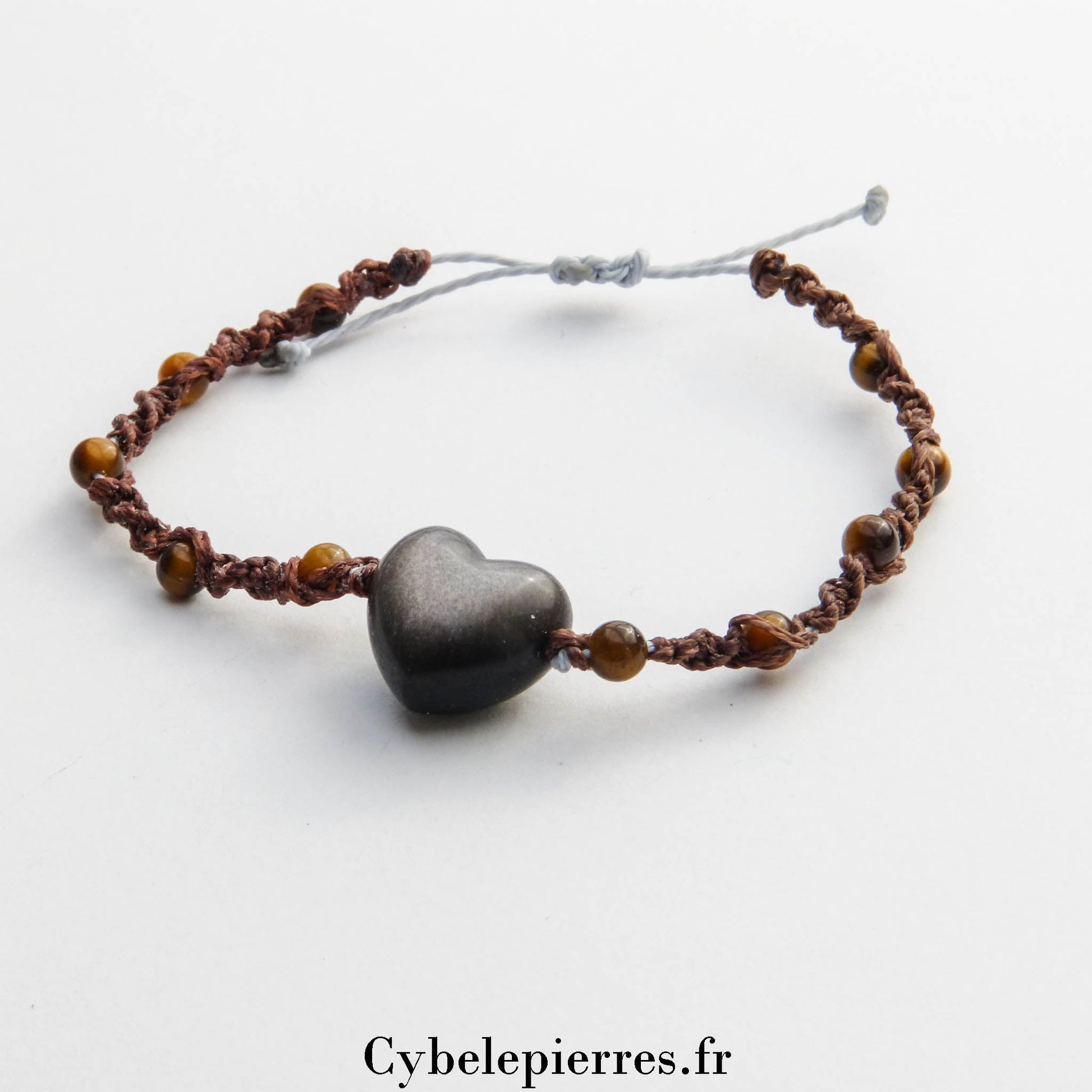 Bracelet macramé Œil de Tigre (4mm) et Cœur en Obsidienne Argentée (2cm) | Protection et Stabilité - Cybele Pierres