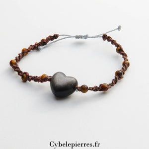 Bracelet macramé Œil de Tigre (4mm) et Cœur en Obsidienne Argentée (2cm) | Protection et Stabilité - Cybele Pierres