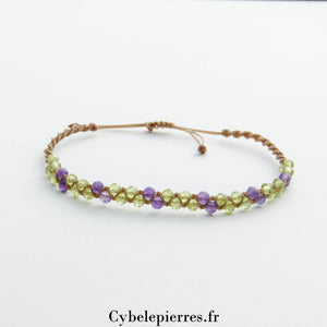 Bracelet macramé réglable - Péridot et Améthyste facettés (3mm) | Équilibre et Vitalité - Cybele Pierres