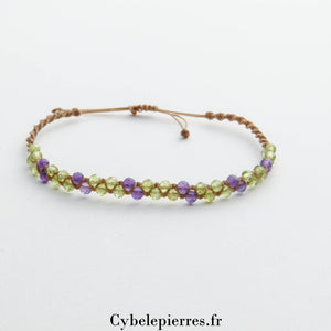 Bracelet macramé réglable - Péridot et Améthyste facettés (3mm) | Équilibre et Vitalité - Cybele Pierres