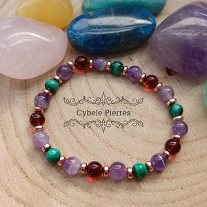 Bracelet Malachite, Ambre et Améthyste (6mm) - 17cm - Cybele Pierres