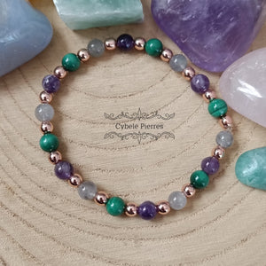 Bracelet Malachite, Labradorite et Améthyste (6mm) - 18cm - Cybele Pierres