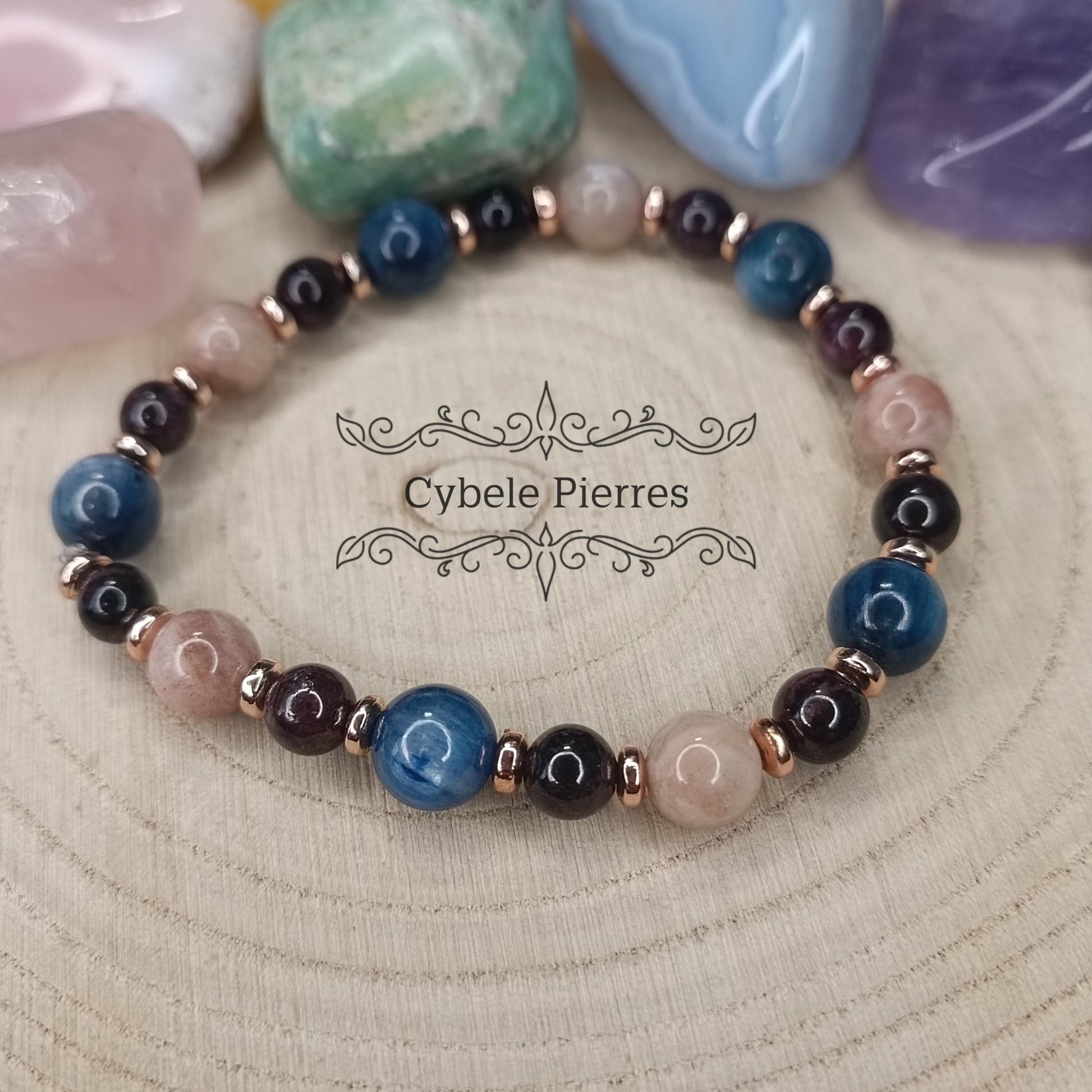 Bracelet Marquise - Grenat, Pierre de Soleil et Cyanite (6 et 8mm) - 19cm - Cybele Pierres