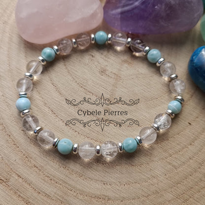 Bracelet Mer des Caraïbes - Larimar et Cristal de roche (6mm) - 17cm - Cybele Pierres