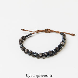 Bracelet Micro - macramé Obsidienne Argentée Carré Facetté | Élégance et Protection - Cybele Pierres