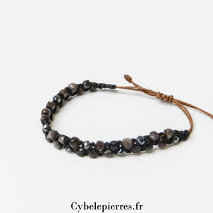 Bracelet Micro - macramé Obsidienne Argentée Carré Facetté | Élégance et Protection - Cybele Pierres