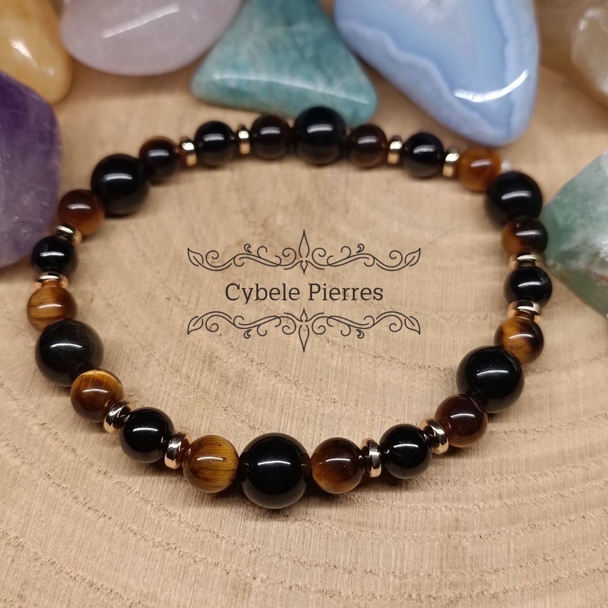 Bracelet Mystère doré - Oeil de tigre, Obsidienne dorée et Spinelle (8mm et 6mm) - 19cm - Cybele Pierres