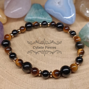 Bracelet Mystère doré - Oeil de tigre, Obsidienne dorée et Spinelle (8mm et 6mm) - 19cm - Cybele Pierres