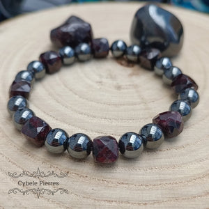 Bracelet Mystère et passion - Grenat & Hématite - (8 et 10mm) - 19cm - Cybele Pierres