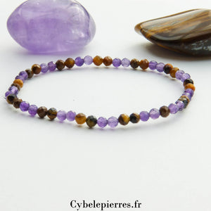 Bracelet Œil de Tigre et Améthyste facetté (3mm) – Protection et Énergie (17cm) - Cybele Pierres