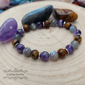 Bracelet Œil de Tigre, Labradorite et Améthyste (8mm) - 18cm | Protection et Intuition - Cybele Pierres