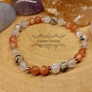 Bracelet On avance - Péristérite (Labradorite blanche), Pierre de Soleil et Jaspe dalmatien (6mm) - 18cm - Cybele Pierres