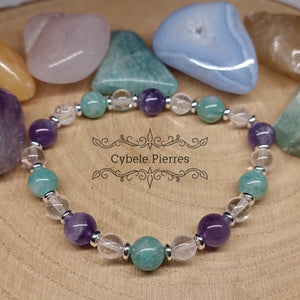 Bracelet on oublie les soucis - Amazonite, Améthyste et Cristal de roche (6 et 8mm) - 19cm - Cybele Pierres