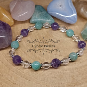 Bracelet on oublie les soucis - Amazonite, Améthyste et Cristal de roche (6 et 8mm) - 19cm - Cybele Pierres