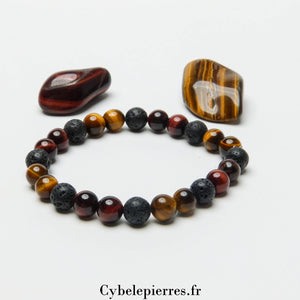 Bracelet Opportunités et Protection - Pierre de Lave, Oeil de tigre et Oeil de taureau (8mm) - 19cm - Cybele Pierres