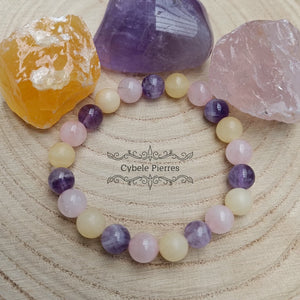 Bracelet Optimisme - Calcite orange, Améthyste et Quartz rose (8mm) - 17cm - Cybele Pierres