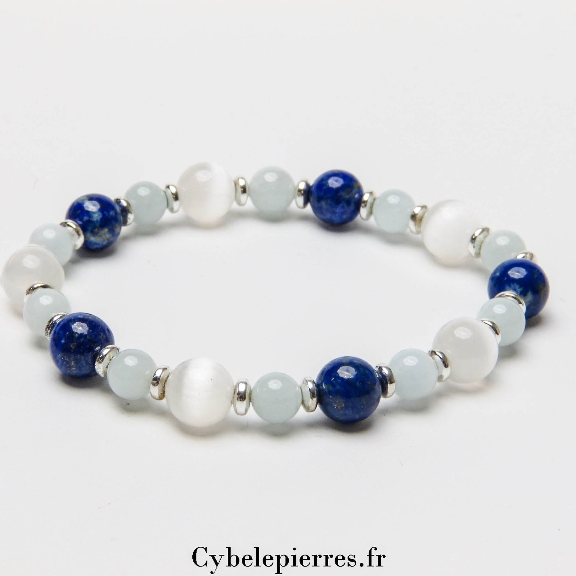 Bracelet Organisation Mentale - Aigue - marine, Lapis - Lazuli et Sélénite (6 et 8mm) - 18cm | Clarté et Concentration - Cybele Pierres