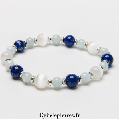 Bracelet Organisation Mentale - Aigue - marine, Lapis - Lazuli et Sélénite (6 et 8mm) - 18cm | Clarté et Concentration - Cybele Pierres