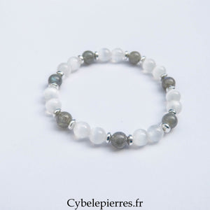 Bracelet "Ours Polaire" - Sélénite et labradorite (6mm) - 17cm - Cybele Pierres