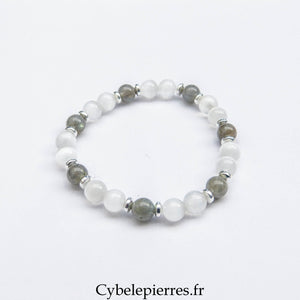 Bracelet "Ours Polaire" - Sélénite et labradorite (6mm) - 17cm - Cybele Pierres