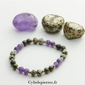 Bracelet Paix Intemporelle - Jaspe Dalmatien, pyrite & Améthyste (6mm) - 18cm - Cybele Pierres