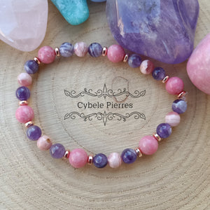 Bracelet Passionné - Thulite, Rhodochrosite et Améthyste (6 et 8mm) - 18cm - Cybele Pierres