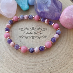 Bracelet Passionné - Thulite, Rhodochrosite et Améthyste (6 et 8mm) - 18cm - Cybele Pierres