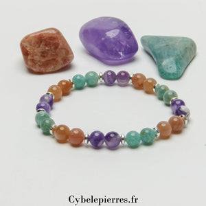 Bracelet Pastel - Amazonite, Pierre de Soleil et Améthyste (6mm) - 17cm | Harmonie et Énergie - Cybele Pierres