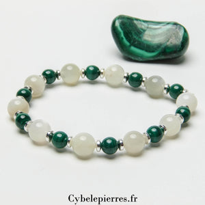 Bracelet Pierre de Lune Blanche et Malachite (6 et 8mm) - 18cm | Clarté et Transformation - Cybele Pierres