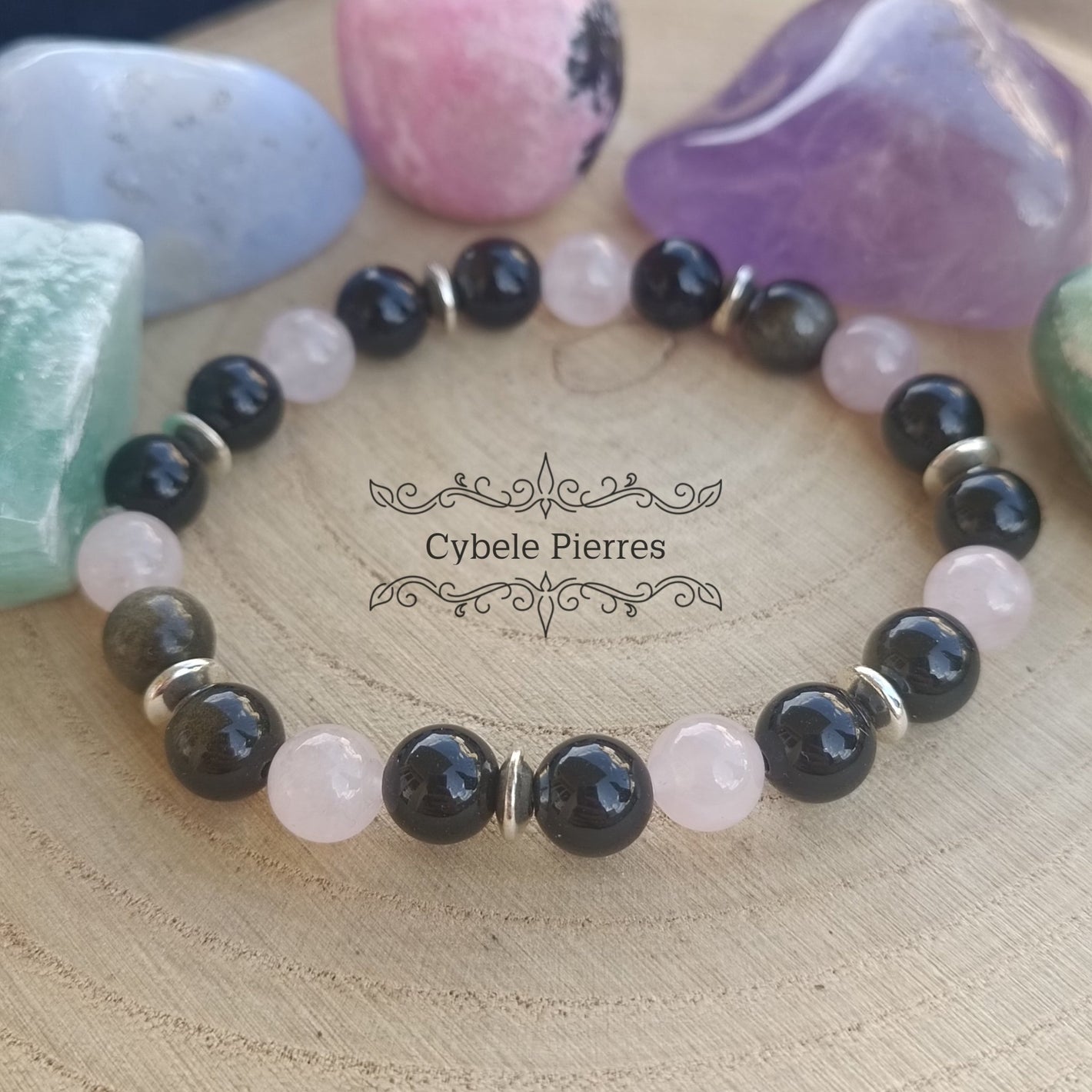 Bracelet Plénitude - Obsidienne dorée et Quartz rose (8mm) - 18cm [🔥Dernier exemplaire!] - Cybele Pierres