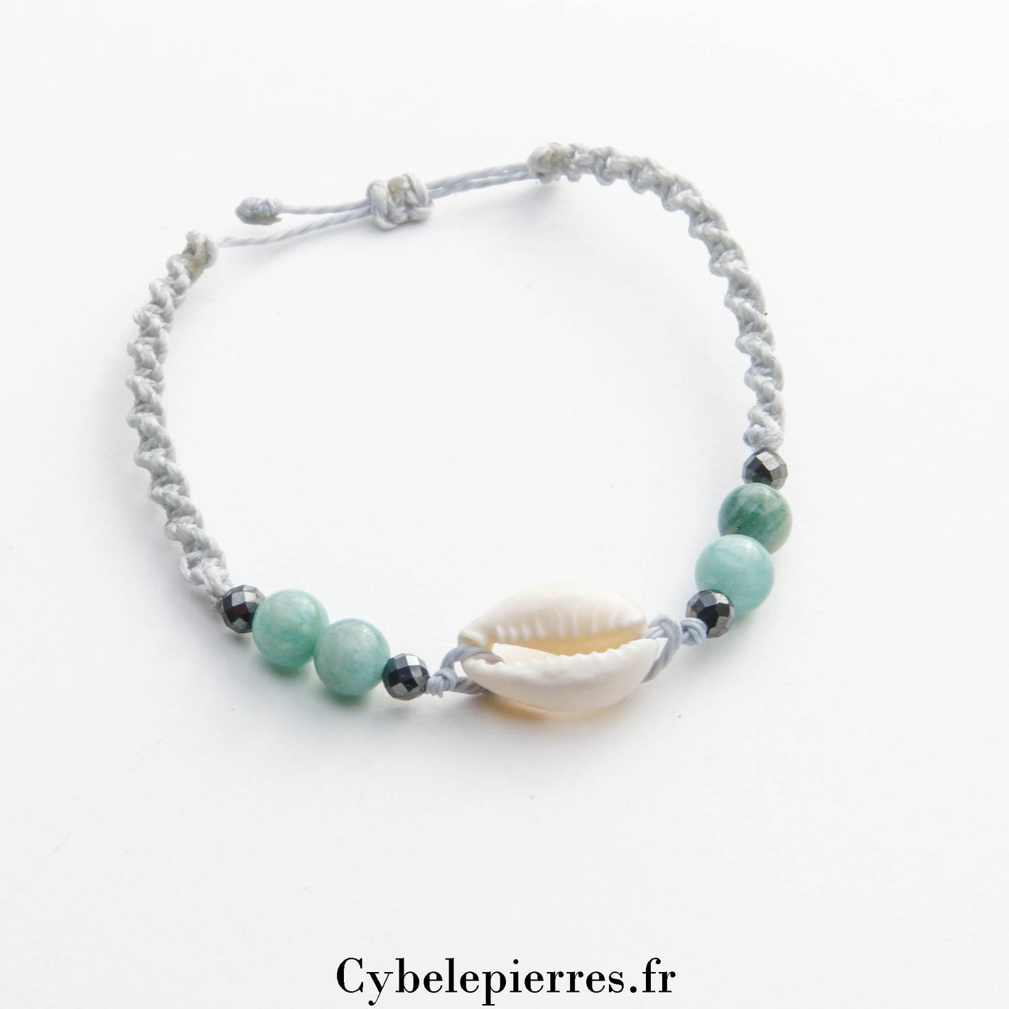 Bracelet Porte - bonheur réglable cordon - Amazonite et Coquillage - Cybele Pierres