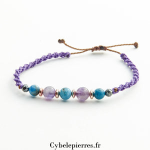 Bracelet Porte - bonheur réglable cordon - Améthyste & Apatite bleue (6mm) - Cybele Pierres