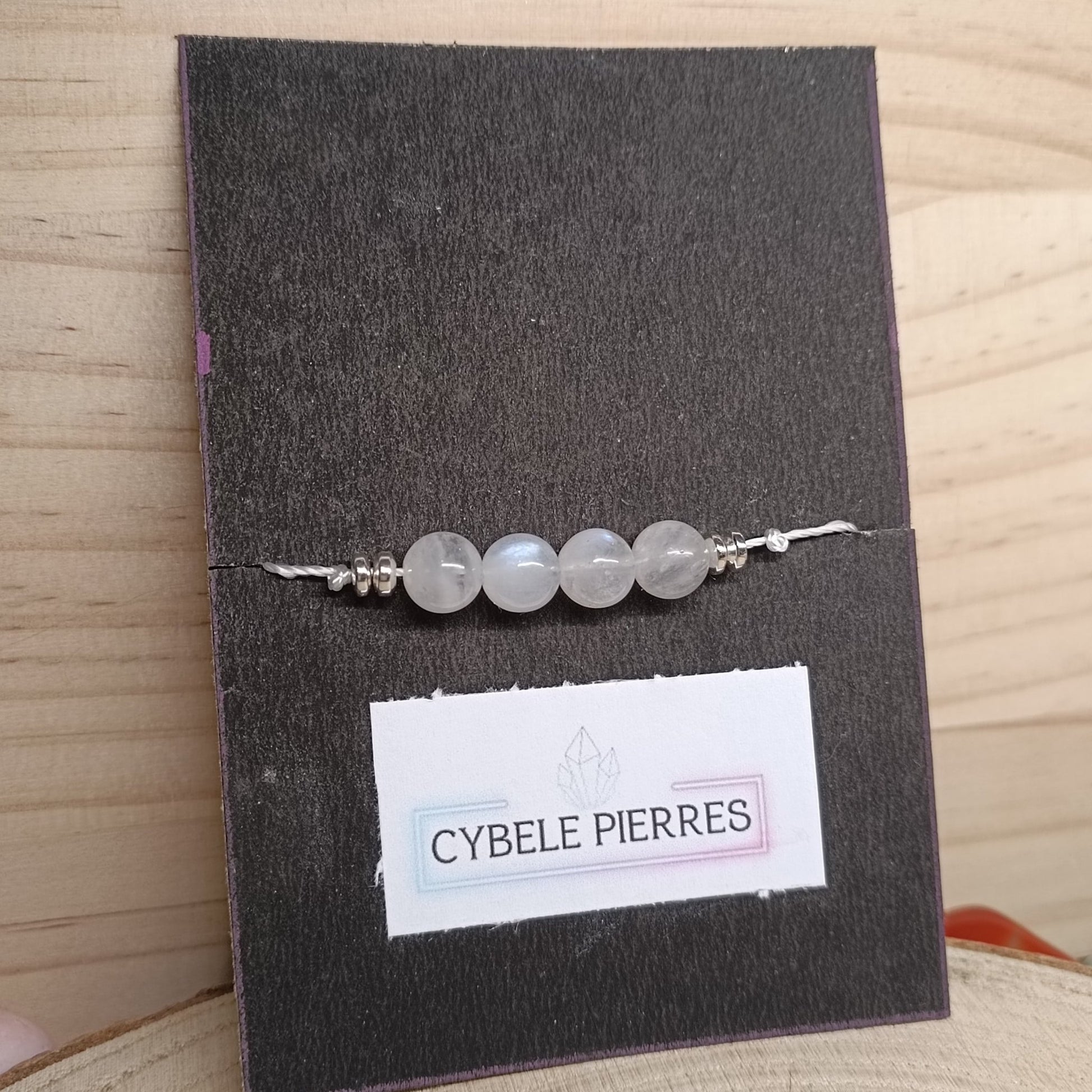 Bracelet Porte - bonheur réglable cordon - Labradorite blanche (Péristérite) - Cybele Pierres