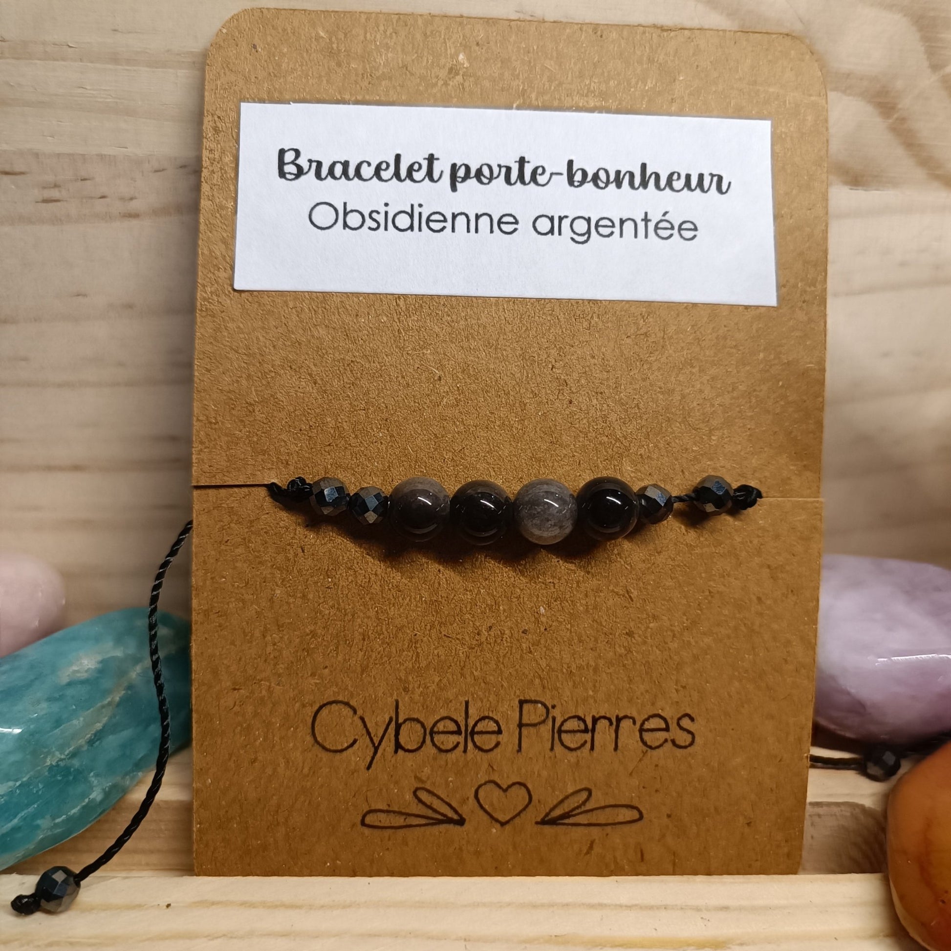 Bracelet Porte - bonheur réglable cordon - Obsidienne argentée - Cybele Pierres