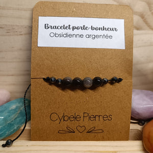Bracelet Porte - bonheur réglable cordon - Obsidienne argentée - Cybele Pierres