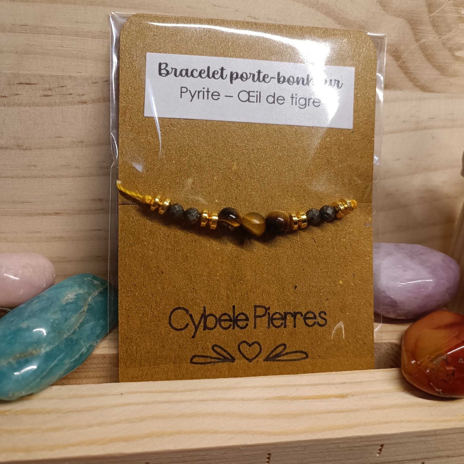 Bracelet Porte - bonheur réglable cordon - Oeil de tigre et pyrite - Cybele Pierres