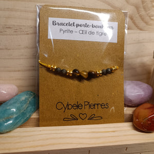 Bracelet Porte - bonheur réglable cordon - Oeil de tigre et pyrite - Cybele Pierres