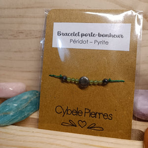 Bracelet Porte - bonheur réglable cordon - Péridot et Pyrite - Cybele Pierres