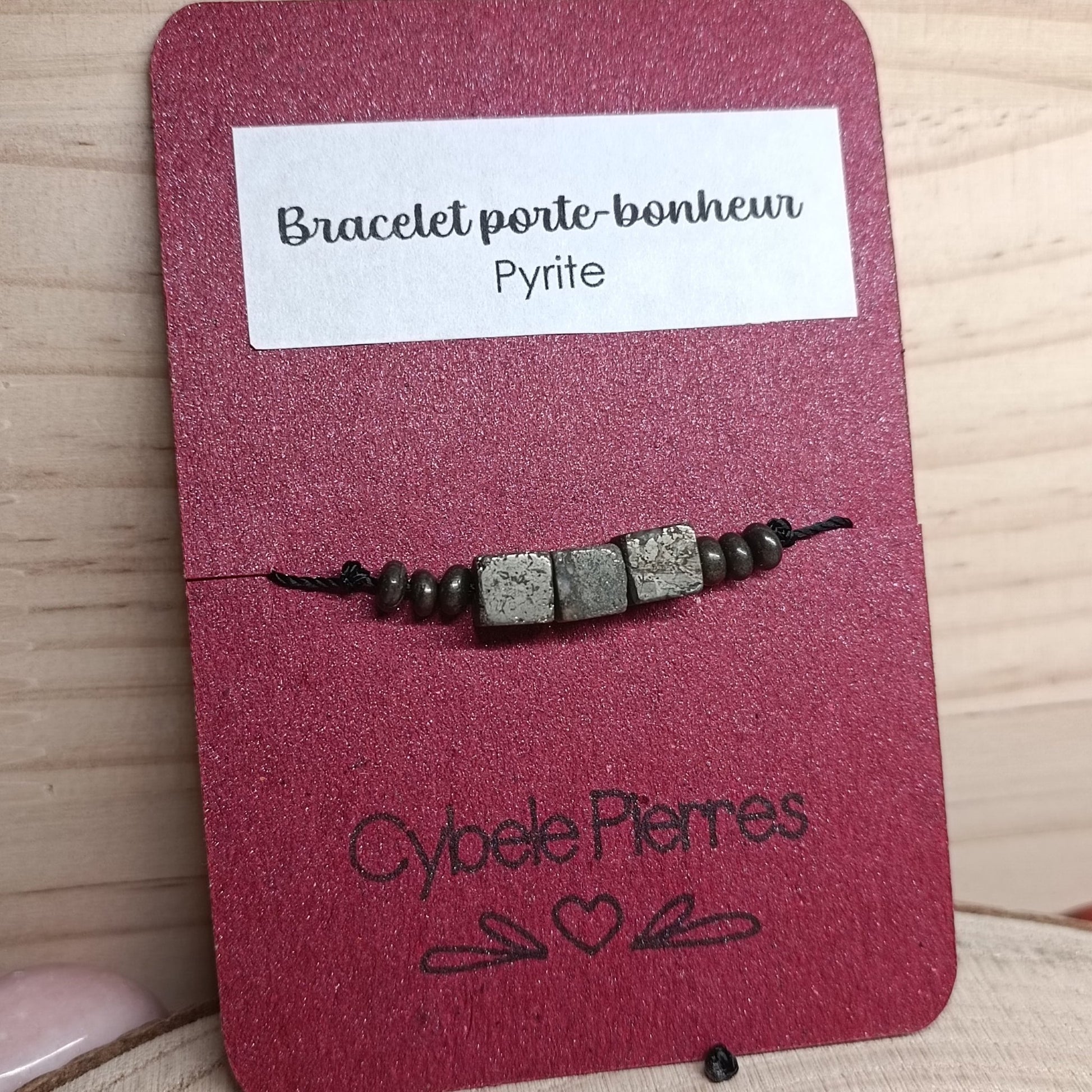 Bracelet Porte - bonheur réglable cordon - Pyrite carrée - Cybele Pierres
