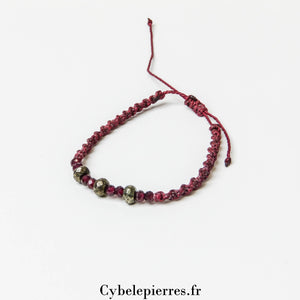 Bracelet Porte - bonheur réglable cordon - Pyrite et Grenat - Cybele Pierres