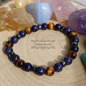 Bracelet Porte - chance - Charoïte et Oeil de tigre (8mm) - 20cm - Cybele Pierres