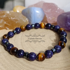 Bracelet Porte - chance - Charoïte et Oeil de tigre (8mm) - 20cm - Cybele Pierres