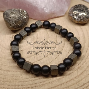 Bracelet Pouvoir intense - Pyrite carrée et Onyx mat (8mm) - 18m - Cybele Pierres