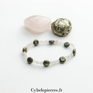 Bracelet Pyrite plate et Quartz Rose facetté (3mm) – Confiance et Douceur (17cm) - Cybele Pierres